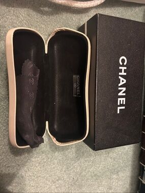 Vintage CHANEL Beige Sunglasses Case with Black Interior and Logo Box